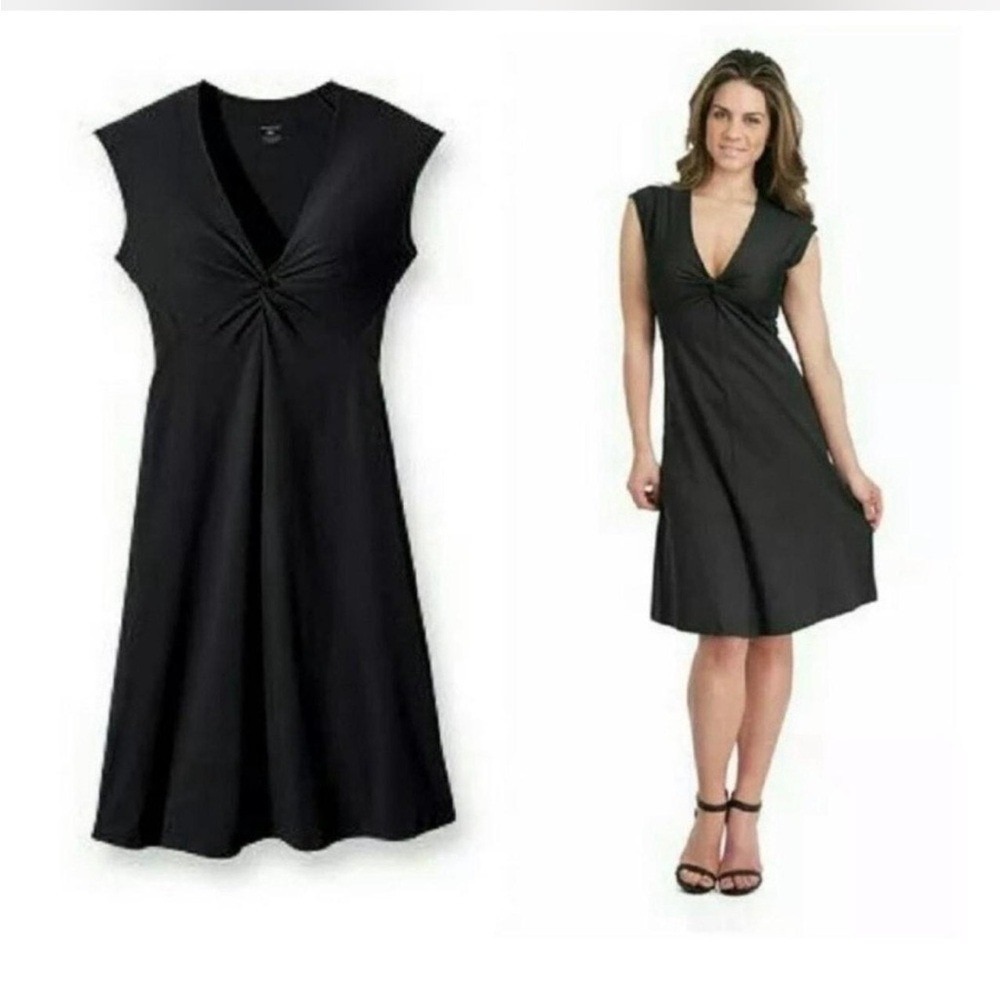 Patagonia Kamala Twist Front Dress Black Nylon Spandex V-Neck Midi Womens Medium